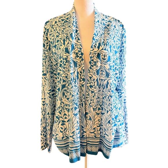 Chico's Azure Blue and White Cotton Knit Open Front Cardigan Size 12 (2) - Picture 1 of 10